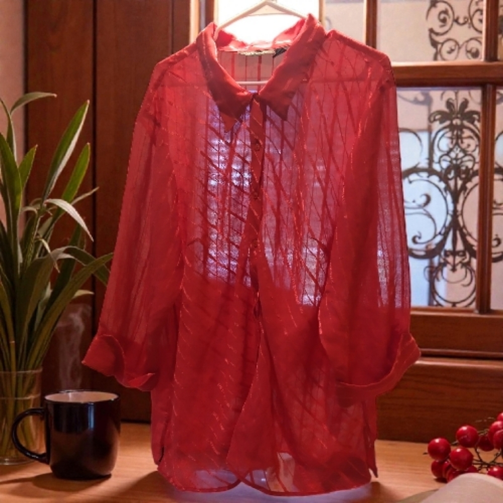 Sheer Bright Pink Button-Up Blouse